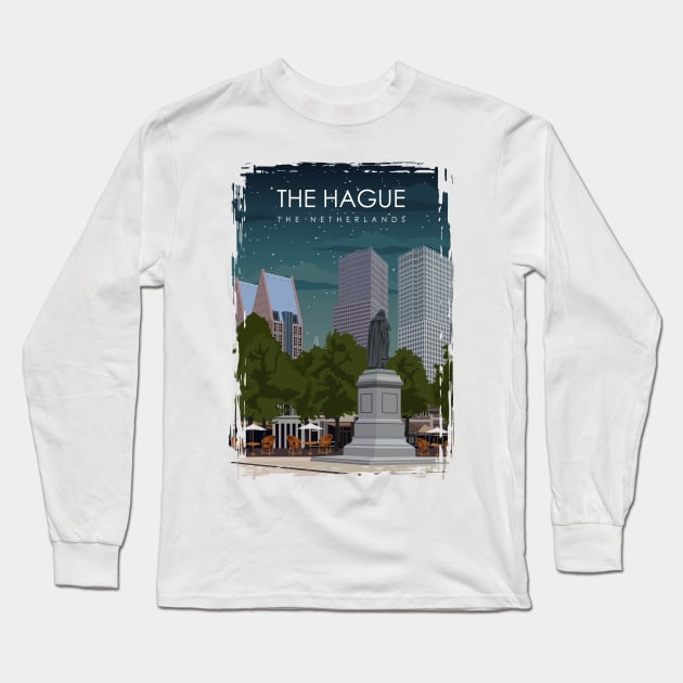The Hague The Netherlands Vintage Minimal City Travel Poster at Night Long Sleeve T-Shirt by jornvanhezik